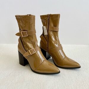 Patent Leather Tan Buckle Ankle Boots Women’s Size 6.5 NWT